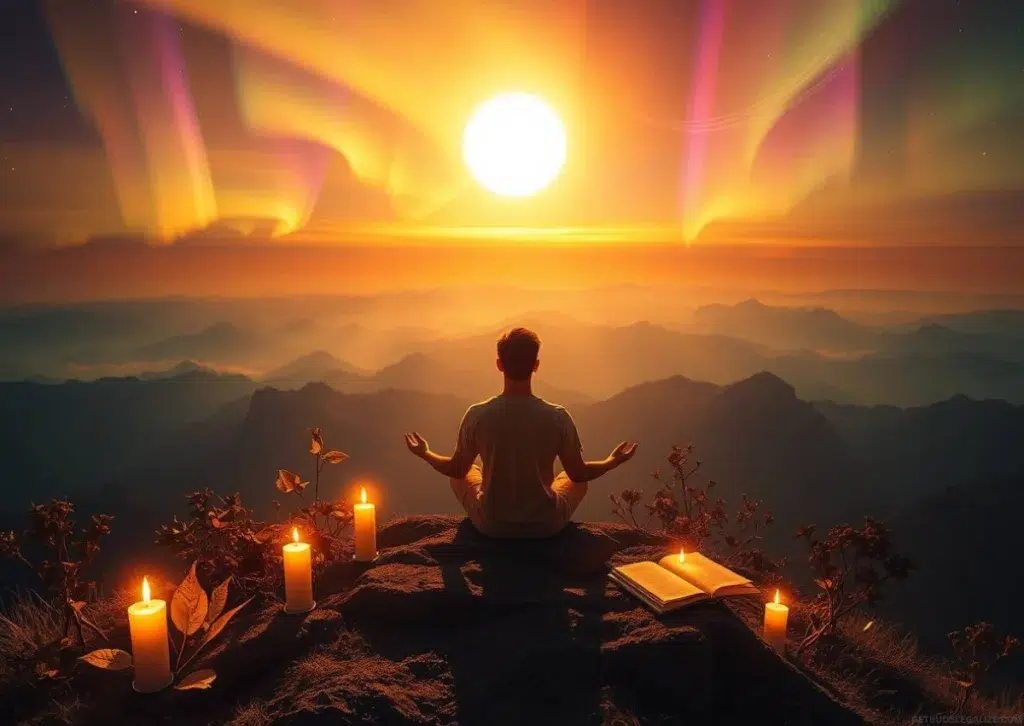 How to Get High Naturally: 9 Drug-Free Ways to Boost Your Mood 16 A person meditating peacefully on a mountain at sunrise, surrounded by surreal glowing waves of color symbolizing natural euphoria, with nature-inspired energy flowing through the scene.