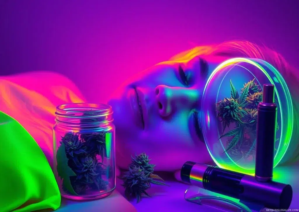 How to Ease Back Into Cannabis Consumption After a Tolerance Break 15 A young woman illuminated by glowing pink and blue neon lights sits calmly beside a vape pen and cannabis flowers, visually capturing how to ease back into cannabis consumption after a tolerance break in a modern, mindful setting.