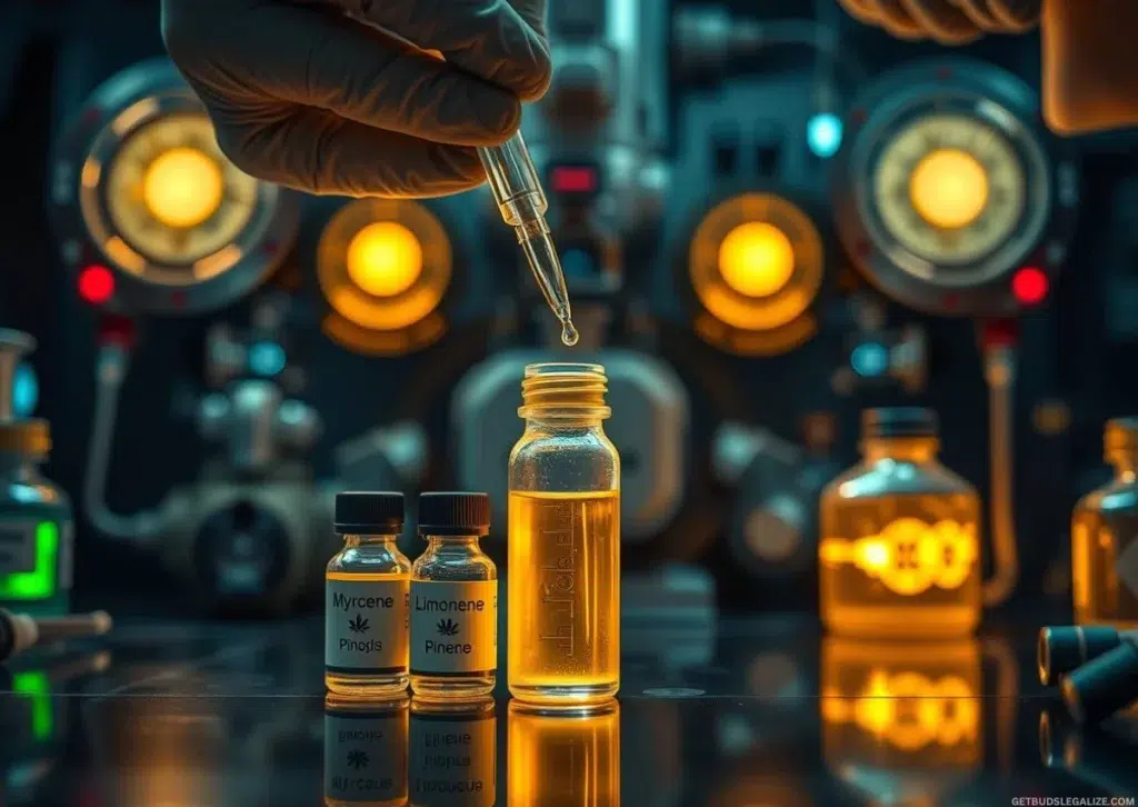 How to Make Cannabis Distillate at Home (Step-by-Step Guide) 17 Scientist reintroducing terpenes into cannabis distillate using a pipette in a professional lab