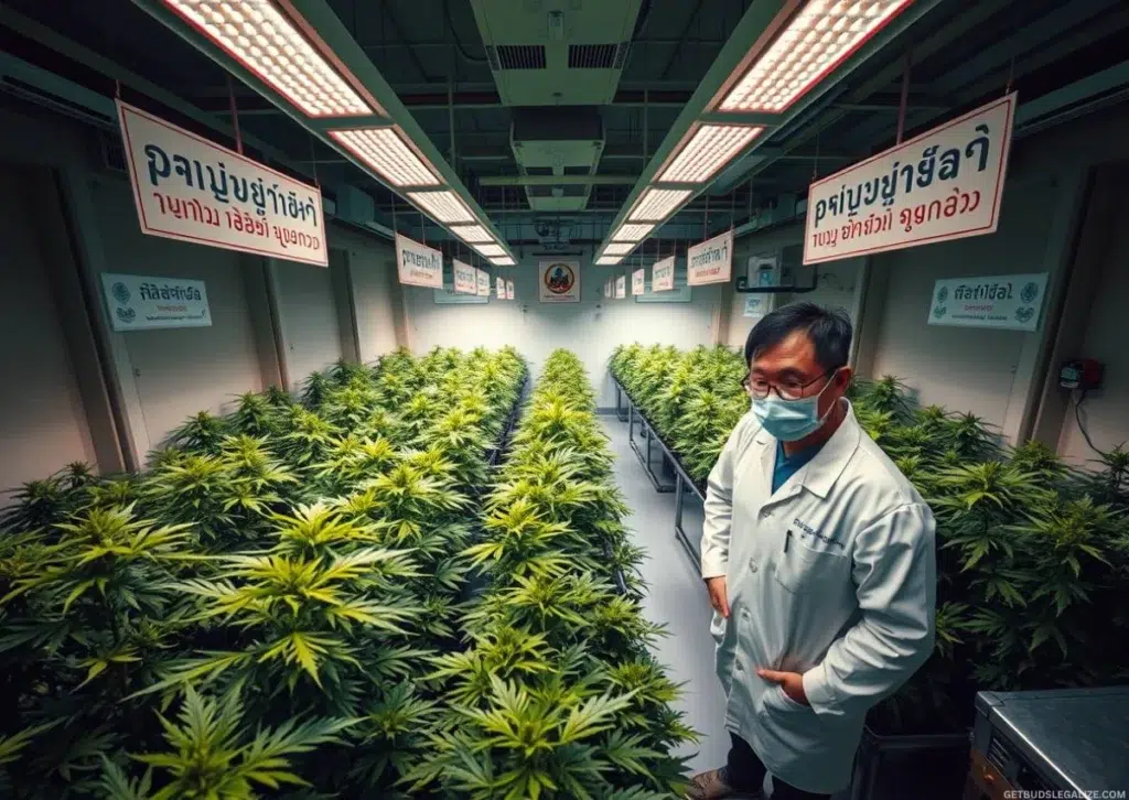Thailand Medical Cannabis Regulations 2025: Medical Certificate Now Required for Legal Use 7 Cannabis plants growing in a sterile laboratory inside a Thai hospital, with medical staff in lab coats monitoring cultivation under LED lights.