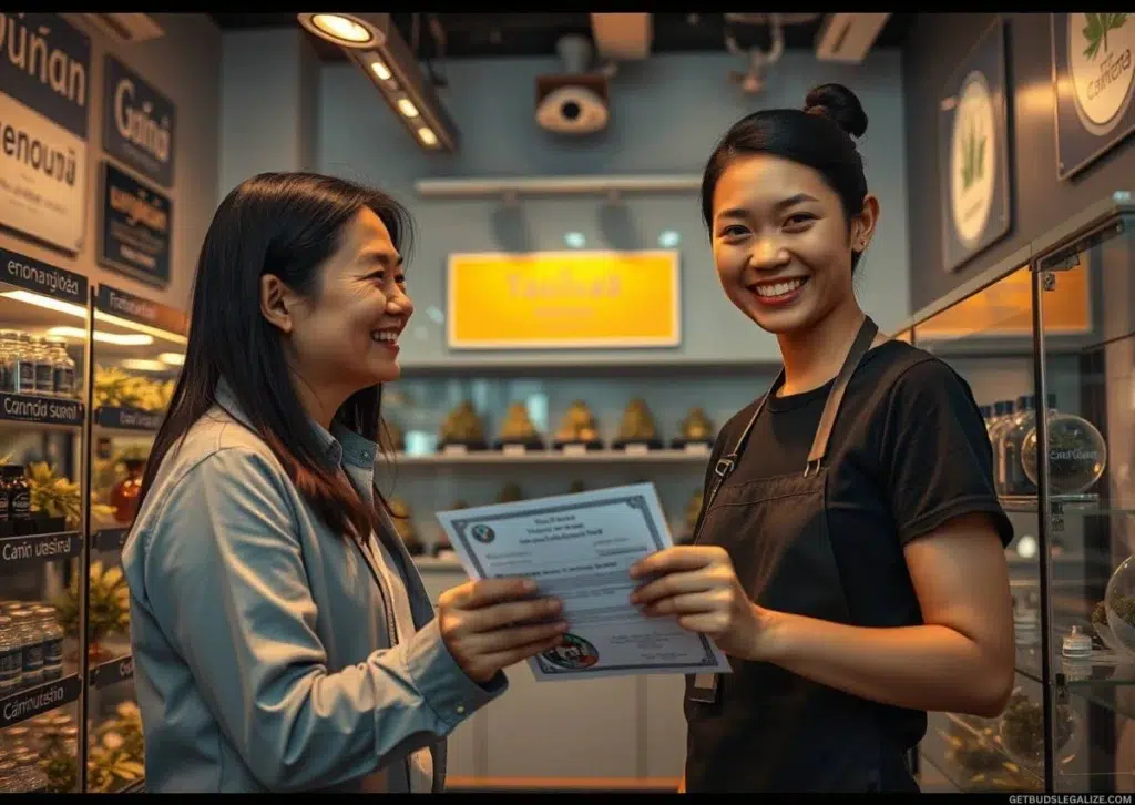 Thailand Medical Cannabis Regulations 2025: Medical Certificate Now Required for Legal Use 10 Foreign customer presents a medical certificate while purchasing cannabis at a legal dispensary in Thailand under 2025 regulations.