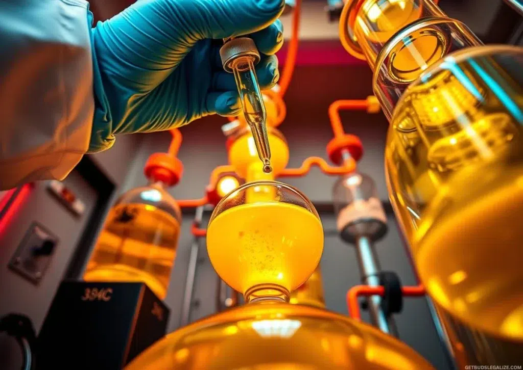 How to Make Cannabis Distillate at Home (Step-by-Step Guide) 20 Professional laboratory setup for producing THC distillate with glass reactors and stainless steel equipment