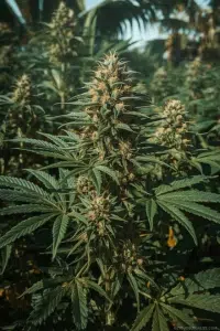 Cannabis Heat Stress Guide: Identify, Prevent, and Fix Overheating in Your Plants 30 Cannabis Heat Stress Guide: Spot, Prevent & Fix Plant Damage – Acapulco Gold cannabis plant in tropical Mexico, with golden-orange buds and lush green leaves thriving under humid, sunlit conditions.