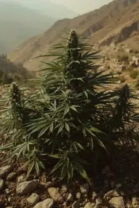 Cannabis Heat Stress Guide: Identify, Prevent, and Fix Overheating in Your Plants 28 Afghan Kush cannabis plant thriving in the rugged terrain of the Hindu Kush mountains under natural sunlight