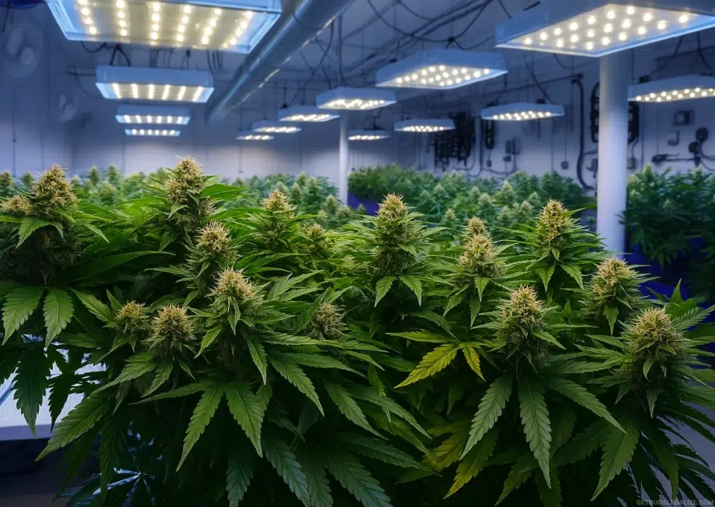 What Is the Best Light Schedule for Autoflower Cannabis? 18/6 vs 24/0 17 Indoor cannabis greenhouse (serra) filled with autoflowering plants thriving under full-spectrum LED grow lights, showcasing lush canopies and organized rows in a controlled environment.