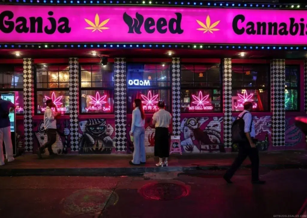Thailand Recriminalizes Cannabis: Farmers Devastated, 18,000 Shops at Risk 7 Photo of a Bangkok cannabis shop exterior with shuttered entrance and signage, reflecting Thailand’s cannabis policy changes.