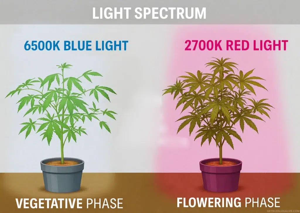 What Is the Best Light Schedule for Autoflower Cannabis? 18/6 vs 24/0 12 Illustration of two cannabis plants under different light spectrums: one in vegetative stage with blue light (6500K) and one in flowering stage with red light (2700K), highlighting their growth differences.