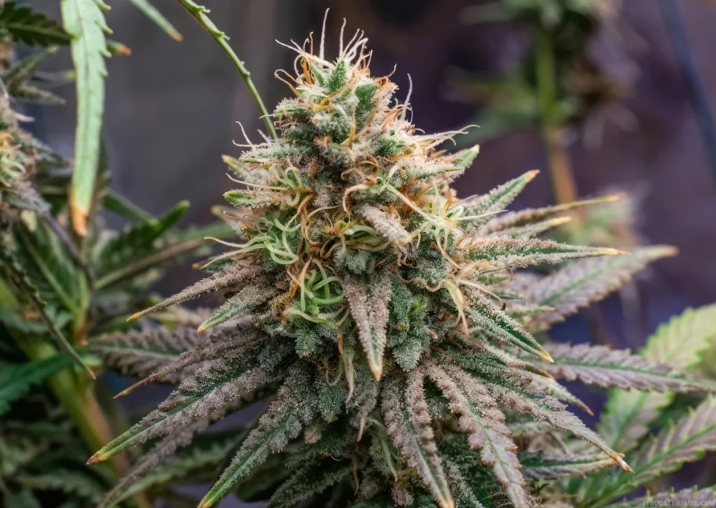 Cannabis Flowering Stage Week by Week: Master Bud Growth 17 Cannabis flowering stage week by week: Close-up of a mature cannabis bud ready for harvest with dark pistils and amber trichomes.