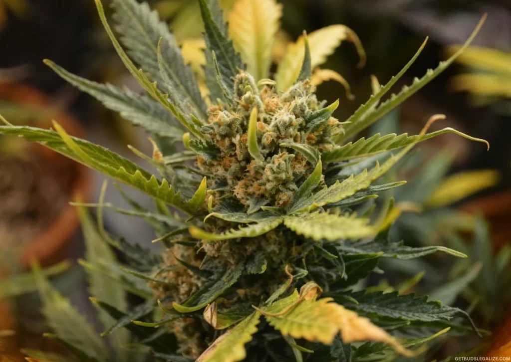 When Is the Best Time to Harvest Your Cannabis Plants? Early Or Late? 12 Mature Cannabis Bud with Yellow Curling Leaves at End of Flowering Stage