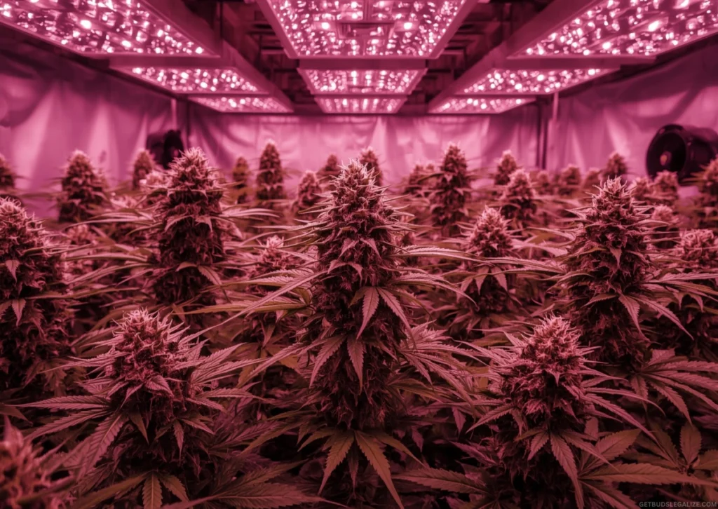 Cannabis Flowering Stage Week by Week: Master Bud Growth 22 Indoor cannabis flowering under pink and white LED grow lights – pro tips for bigger, better buds.
