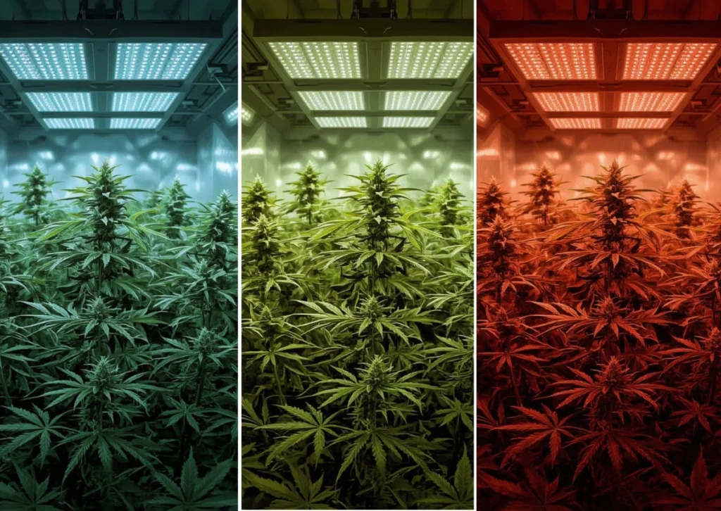 How Far Should Grow Lights Be From Plants? LED Distance Guide for Every Stage 7 How Far Should Grow Lights Be From Plants? Visual showing cannabis plants at seedling, vegetative, and flowering stages under different LED lights—cool white for seedlings, full-spectrum for vegging, and warm white for flowering—with varying light distances.