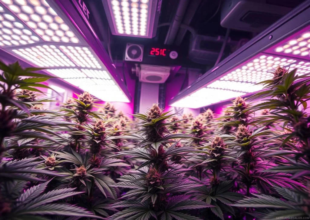 How Many Cannabis Plants Can You Grow Per Square Meter? Full Guide 23 Realistic indoor cannabis grow room with evenly spaced plants, LED lighting, fans, and sensors for climate control.