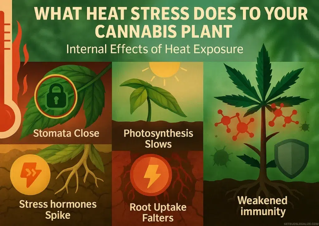 Cannabis Heat Stress Guide: Identify, Prevent, and Fix Overheating in Your Plants 11 "What Heat Stress Does to Your Cannabis Plant: Internal Effects of Heat Exposure" infographic showing physiological stress signs in cannabis, including closed stomata, slowed photosynthesis, hormone spikes, weakened roots, and reduced immunity.