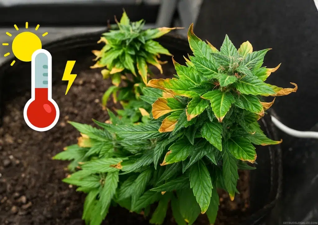 Cannabis Heat Stress Guide: Identify, Prevent, and Fix Overheating in Your Plants 19 Cannabis Heat Stress Guide: Spot, Prevent & Fix Plant Damage – Close-up of cannabis plants showing symptoms of heat stress with a thermometer icon on the left, illustrating overheating effects for educational use.