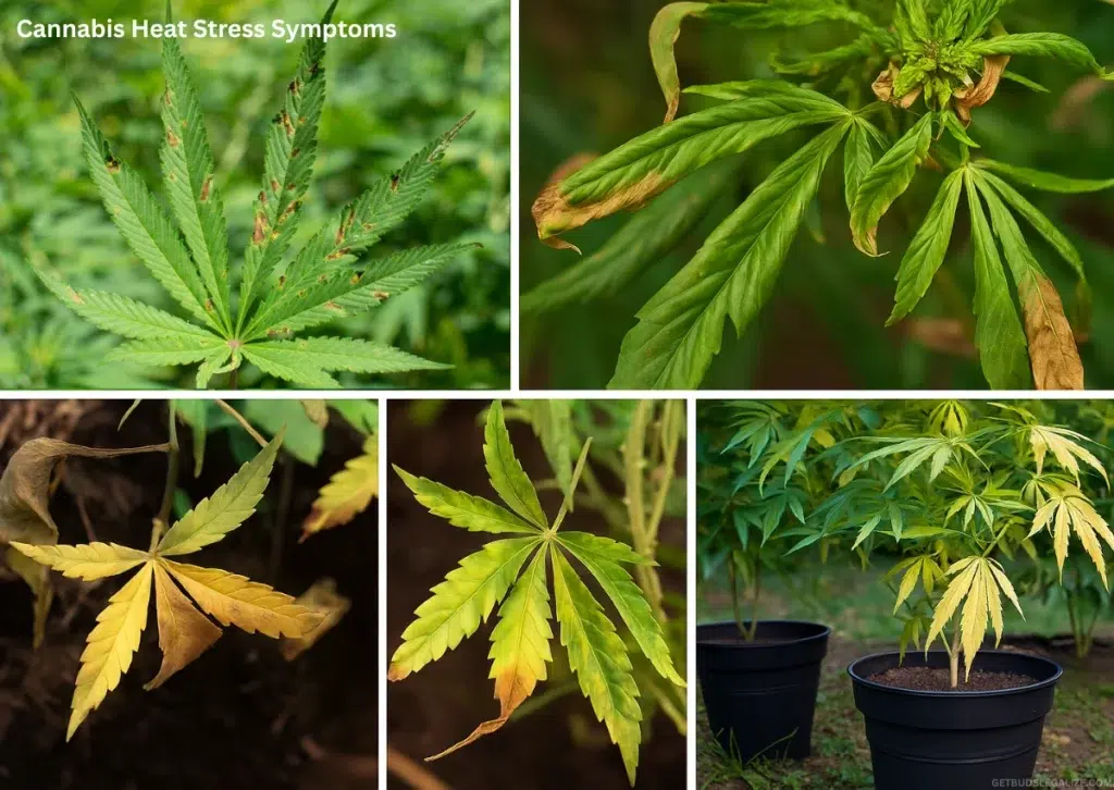 Cannabis Heat Stress Guide: Identify, Prevent, and Fix Overheating in Your Plants 15 Split-screen infographic showing five visual symptoms of cannabis heat stress: tacoing leaves, burnt leaf edges, yellowing margins, sugar leaf curling, and foxtailing buds—contrasted with healthy plant visuals for comparison.