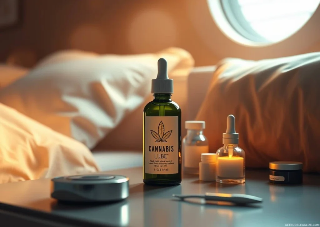 Cannabis Lube & CBD Lube Guide: Benefits, Safety Tips, and DIY Recipes 16 Bottle of cannabis lubricant on a bedside table surrounded by self-care items like a plant and candle in a softly lit cozy room.