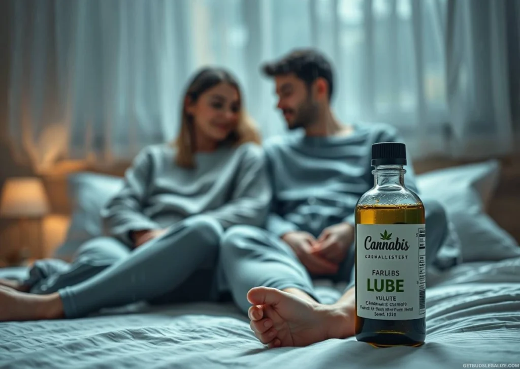 Cannabis Lube & CBD Lube Guide: Benefits, Safety Tips, and DIY Recipes 10 Two adults sitting fully clothed on a bed, smiling and relaxed, with a cannabis lube bottle visible between them on the bed.