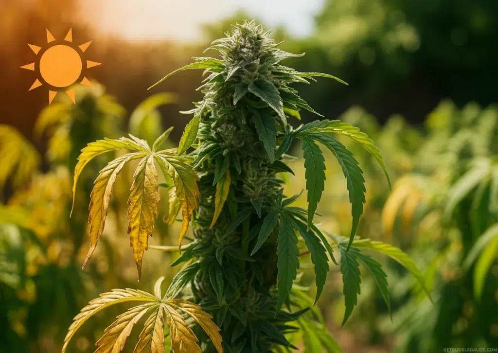 Cannabis Heat Stress Guide: Identify, Prevent, and Fix Overheating in Your Plants 7 Cannabis Heat Stress Guide: Spot, Prevent & Fix Plant Damage – Close-up of a cannabis plant showing classic heat stress symptoms like curled leaves, burnt tips, and dry, discolored foliage under intense sunlight.