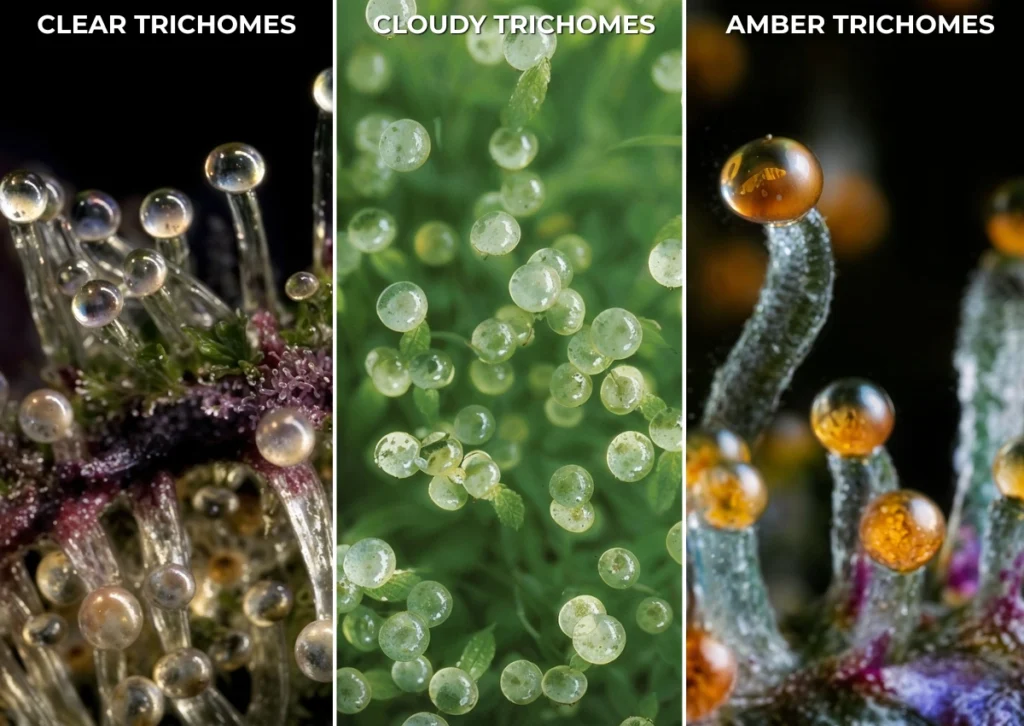 When Is the Best Time to Harvest Your Cannabis Plants? Early Or Late? 8 Cannabis Trichome Color Guide – Clear, Cloudy, and Amber Stages Compared Side by Side