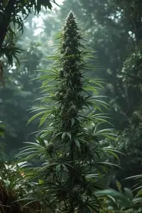 Cannabis Heat Stress Guide: Identify, Prevent, and Fix Overheating in Your Plants 31 Chocolate Thai (Thai Stick) cannabis plant growing tall in a misty Southeast Asian jungle, with slender leaves and airy sativa buds amid tropical foliage