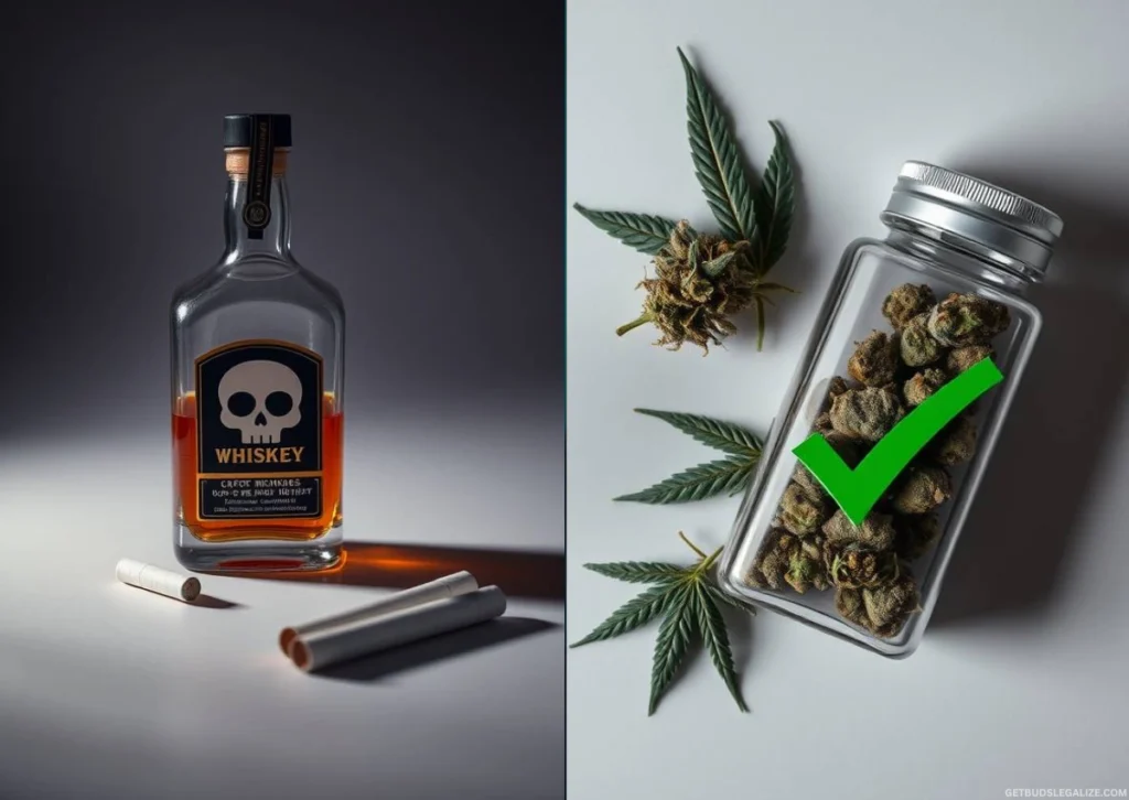 10 Powerful Reasons Why Cannabis Should Be Legal Worldwide 10 Split-image showing cigarettes and whiskey with a skull warning sign on the left, and medical cannabis buds and container with a green checkmark on the right, under dramatic high-contrast lighting.