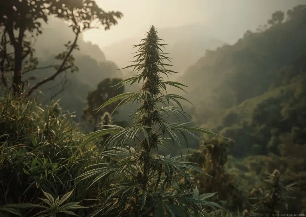 Cannabis Heat Stress Guide: Identify, Prevent, and Fix Overheating in Your Plants 26 Colombian Punta Roja cannabis landrace plant with red pistils growing in the misty tropical highlands of Colombia