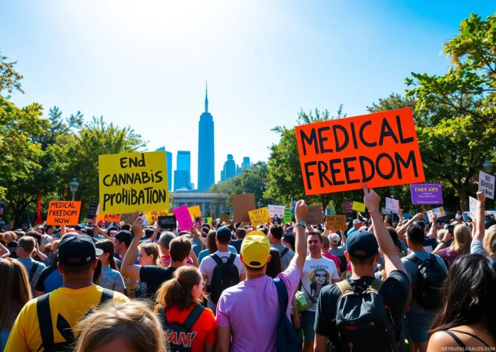 10 Powerful Reasons Why Cannabis Should Be Legal Worldwide 17 Realistic daytime protest in an urban plaza with a diverse crowd holding colorful signs with messages like “End Cannabis Prohibition,” “Medical Freedom Now,” “Justice for All,” and “Regulate, Don’t Criminalize.” City skyline and trees in the background under clear blue sky, conveying hope and unity for cannabis reform.