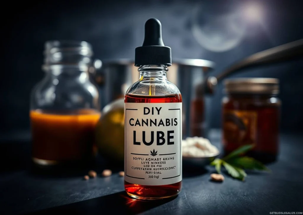 Cannabis Lube & CBD Lube Guide: Benefits, Safety Tips, and DIY Recipes 13 Bottle of DIY cannabis lube with coconut oil, cannabis flower, lecithin, and kitchen tools arranged on a counter.