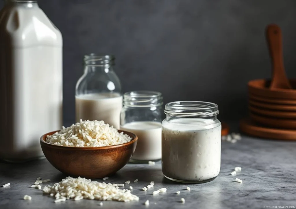 Lactic Acid Bacteria for Cannabis: The Soil Probiotic Your Grow Needs 11 Ingredients for homemade lactic acid bacteria: rice, water, and milk on a table, ready for fermentation.