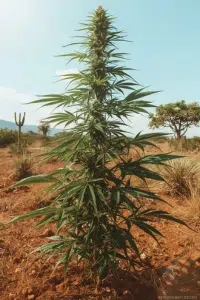 Cannabis Heat Stress Guide: Identify, Prevent, and Fix Overheating in Your Plants 27 Durban Poison cannabis plant thriving in a hot, dry South African landscape, tall and lanky with sativa-style leaves.