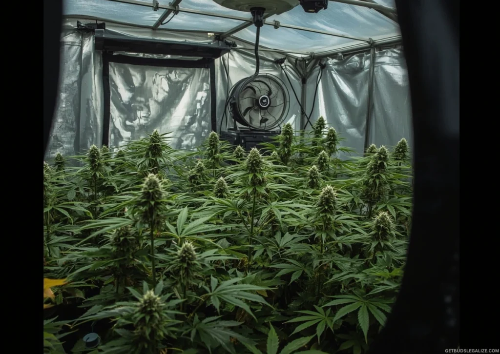 Force Flowering Cannabis Outdoors: A Complete Grower's Guide 15 Outdoor cannabis flowering setup using blackout tarps with proper airflow, ventilation, and light deprivation controls in place