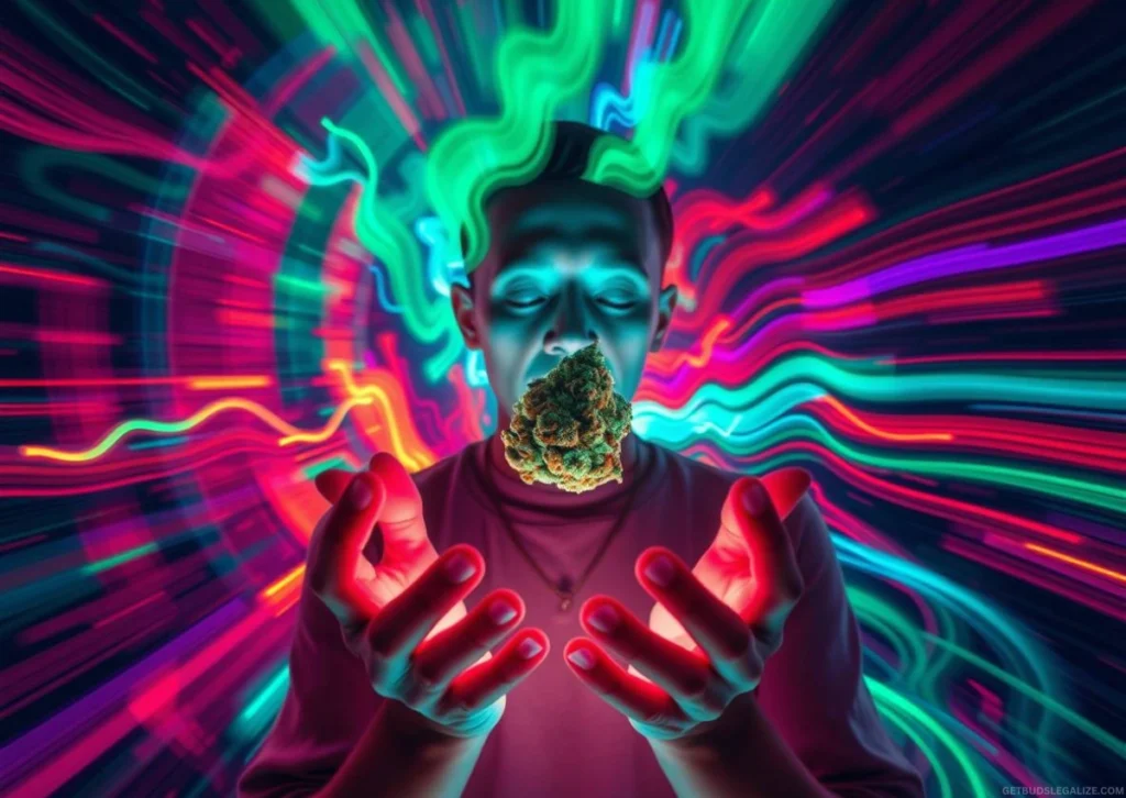 What To Do When Greening Out on Cannabis and How To Avoid It 7 A distressed man holding his head, surrounded by swirling psychedelic colors and cannabis imagery, representing a THC overdose or greening out episode