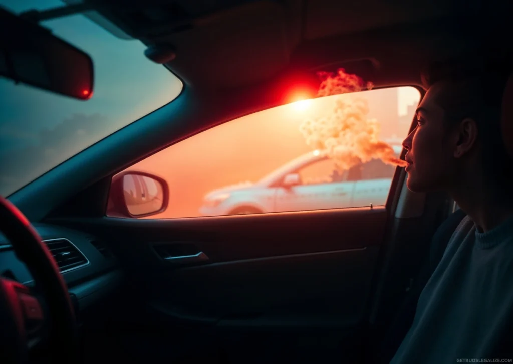 How to Hide the Smell of Weed Smoke: Stay Discreet Anywhere 15 how to hide the smell of weed smoke in your car, person discreetly exhaling smoke out a window, subtle odor control setup inside a clean car