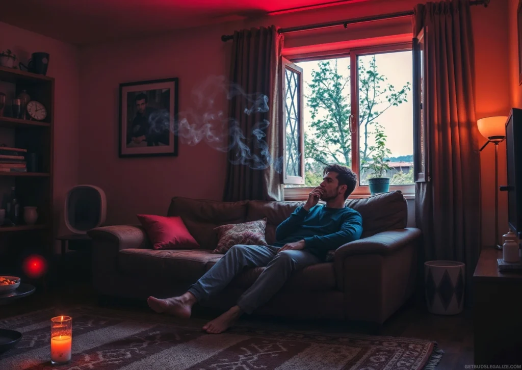 How to Hide the Smell of Weed Smoke: Stay Discreet Anywhere 11 person discreetly smoking near open window in a cozy home, demonstrating how to hide the smell of weed smoke indoors