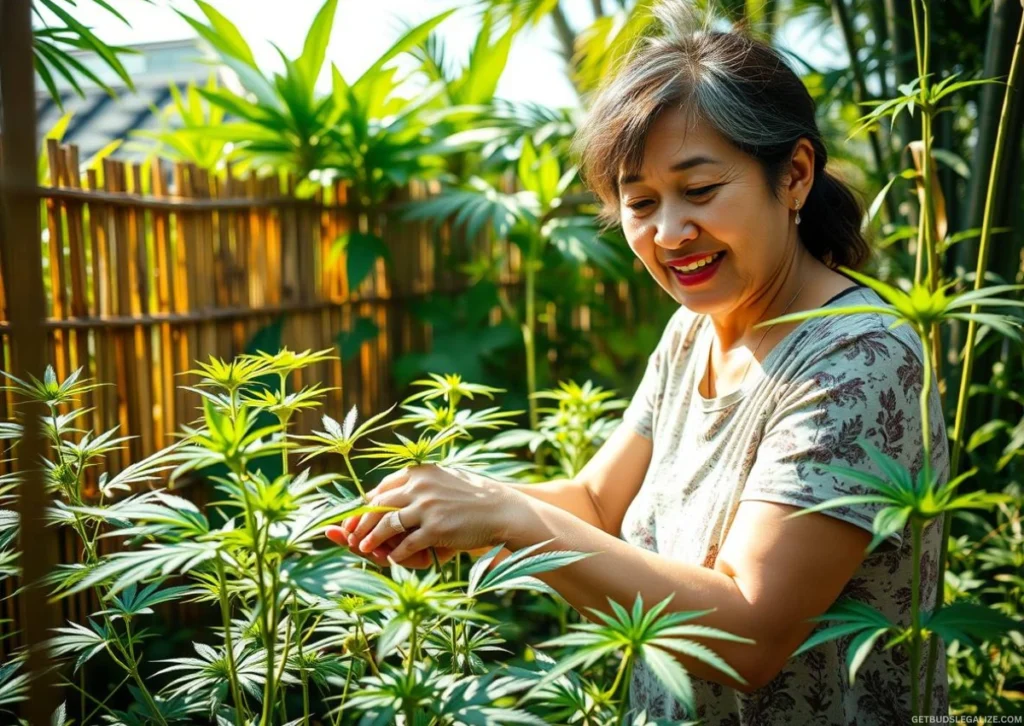 Thailand’s Cannabis Advocates Push Back Against New Medical Certificate Rule – Thai woman inspects home-grown cannabis plants in her garden