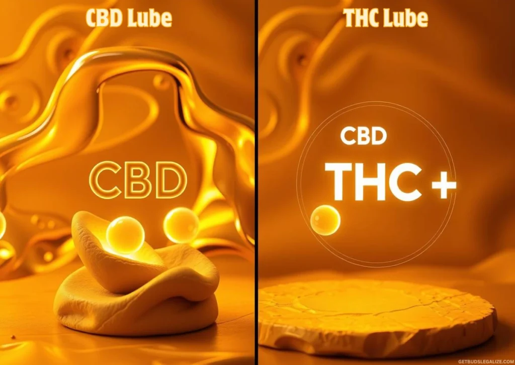 Cannabis Lube & CBD Lube Guide: Benefits, Safety Tips, and DIY Recipes 7 Split-screen diagram showing CBD-only molecules on one side and a mix of CBD, THC, and enhanced effect symbols on the other, in a golden lubricant background.