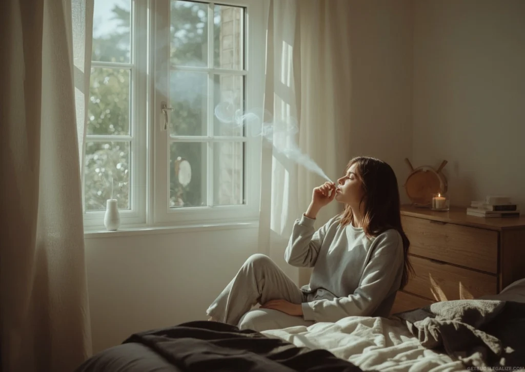 How to Hide the Smell of Weed Smoke: Stay Discreet Anywhere 7 how to hide the smell of weed smoke in your room, showing a person exhaling smoke near an open window with a fan and candles