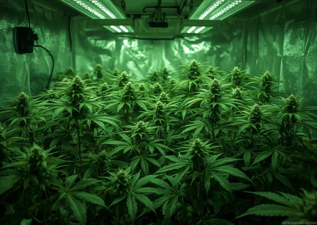 How Many Cannabis Plants Can You Grow Per Square Meter? Full Guide 7 Indoor cannabis cultivation scene in a 1m² grow tent with multiple healthy green cannabis plants under LED lights, in fabric and plastic pots with visible soil, surrounded by ventilation tubes and reflective tent walls.