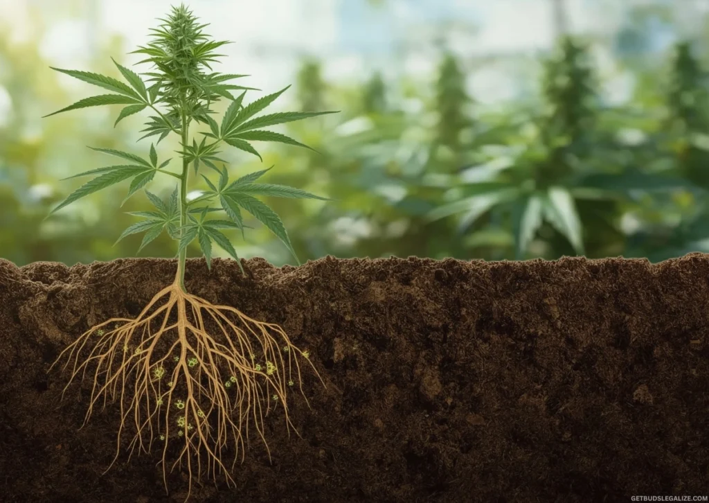 Lactic Acid Bacteria for Cannabis: The Soil Probiotic Your Grow Needs 7 Cannabis plant with visible roots and beneficial lactic acid bacteria interacting in rich organic soil, symbolizing plant–microbe synergy.