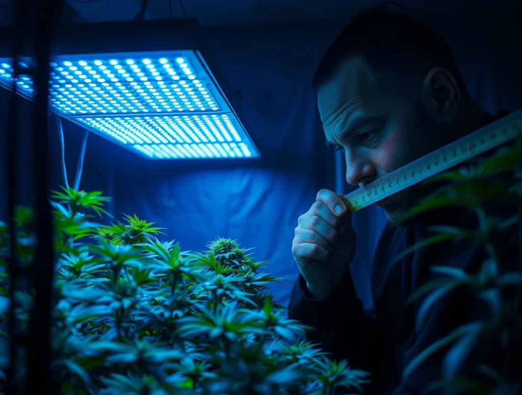 How Far Should Grow Lights Be From Plants? LED Distance Guide for Every Stage 11 How Far Should Grow Lights Be Above Seedlings? A person measures the distance between an LED grow light and healthy cannabis seedlings during the early growth stage.