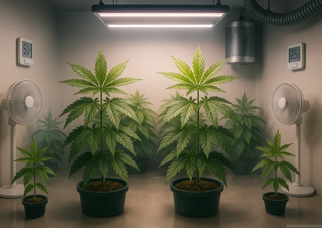 How Many Cannabis Plants Can You Grow Per Square Meter? Full Guide 18 LED grow light casting focused pink-white light on central cannabis plants in large pots, with smaller side plants receiving less light in an indoor grow room.