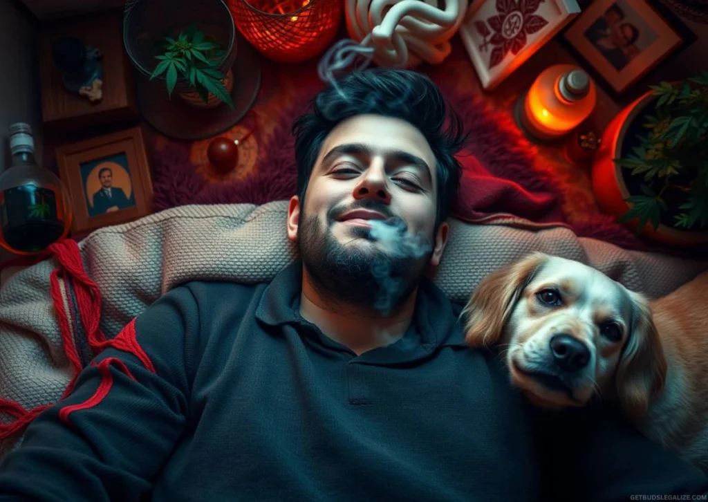 What To Do When Greening Out on Cannabis and How To Avoid It 21 Man relaxing on a couch after smoking cannabis, surrounded by a calm and cozy environment, symbolizing safe recovery after greening out.