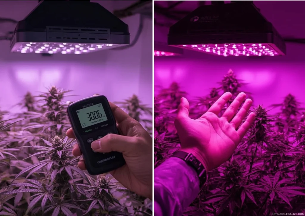 How Far Should Grow Lights Be From Plants? LED Distance Guide for Every Stage 14 How to Measure Grow Light Intensity Accurately – cannabis grower using a PAR meter and hand test under LED lights to check PPFD at different plant stages.