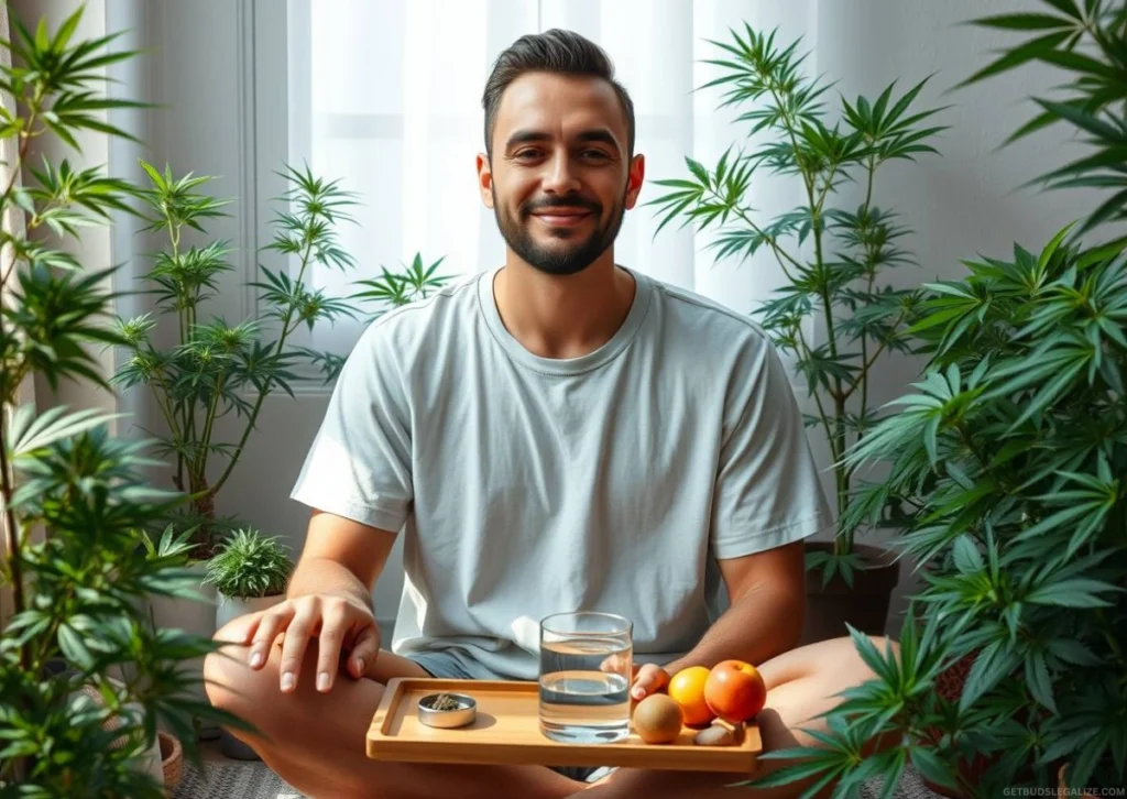 What To Do When Greening Out on Cannabis and How To Avoid It 17 Man sitting on floor surrounded by cannabis plants, preparing for mindful cannabis use in a calm indoor grow space. - What To Do When Greening Out on Cannabis
