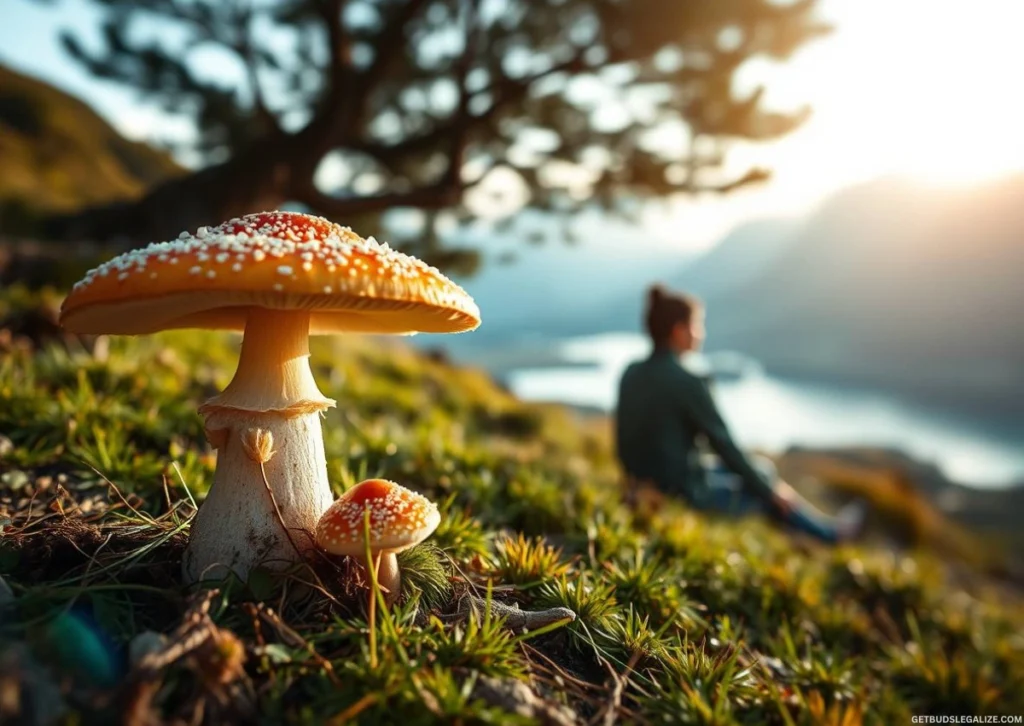 New Zealand Approves Psilocybin Therapy in Major Step for Psychedelic Medicine 8 Person sitting peacefully in a green New Zealand landscape with psilocybin mushrooms nearby, symbolizing the therapeutic use of magic mushrooms for mental health.