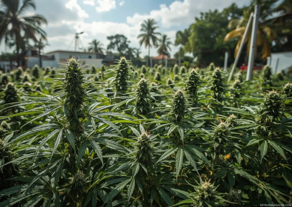 Force Flowering Cannabis Outdoors: A Complete Grower's Guide 8 Outdoor cannabis garden at different growth stages with black cinematic side bars, illustrating early flowering benefits like frost protection, size control, and multiple harvests.