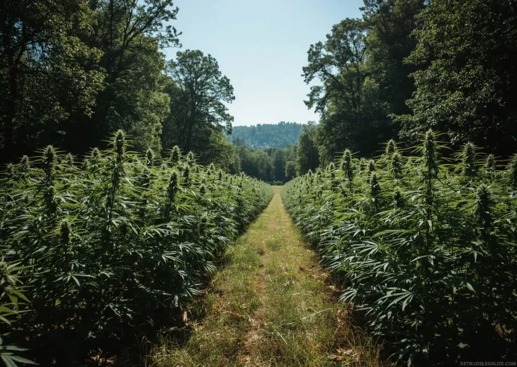 Top 20 Cannabis Strains High in Myrcene for Sleep & Stress Relief 5 Cannabis plants growing outdoors in a sunlit natural clearing surrounded by trees, with soft soil and dappled sunlight filtering through leafy branches.