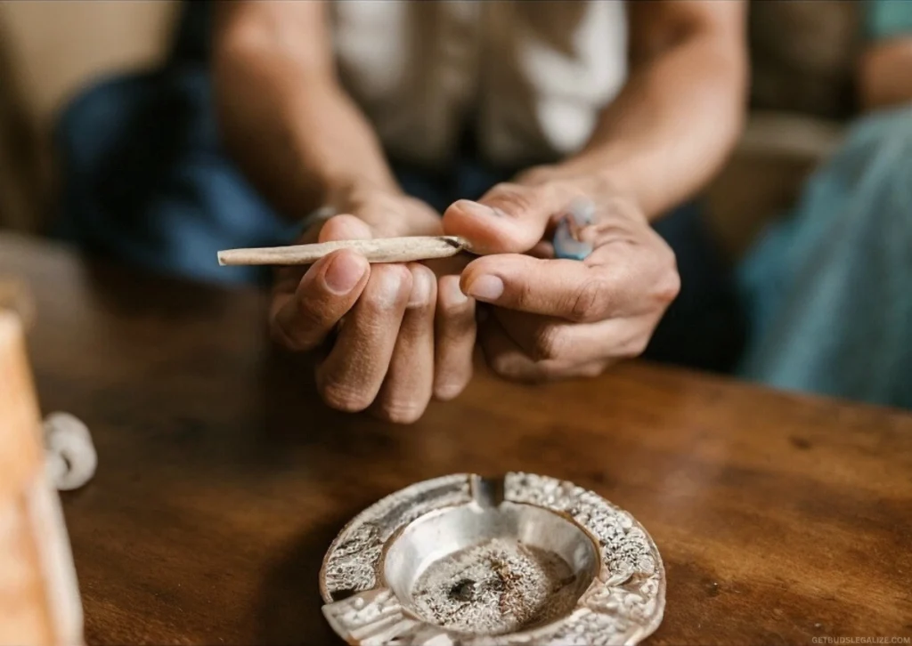 How To Put Out a Joint and Save It for Later (Without Ruining It) 12 A person carefully extinguishing a half-smoked cannabis joint by placing it into a glass doob tube, with a calm and intentional motion in a relaxed indoor setting.