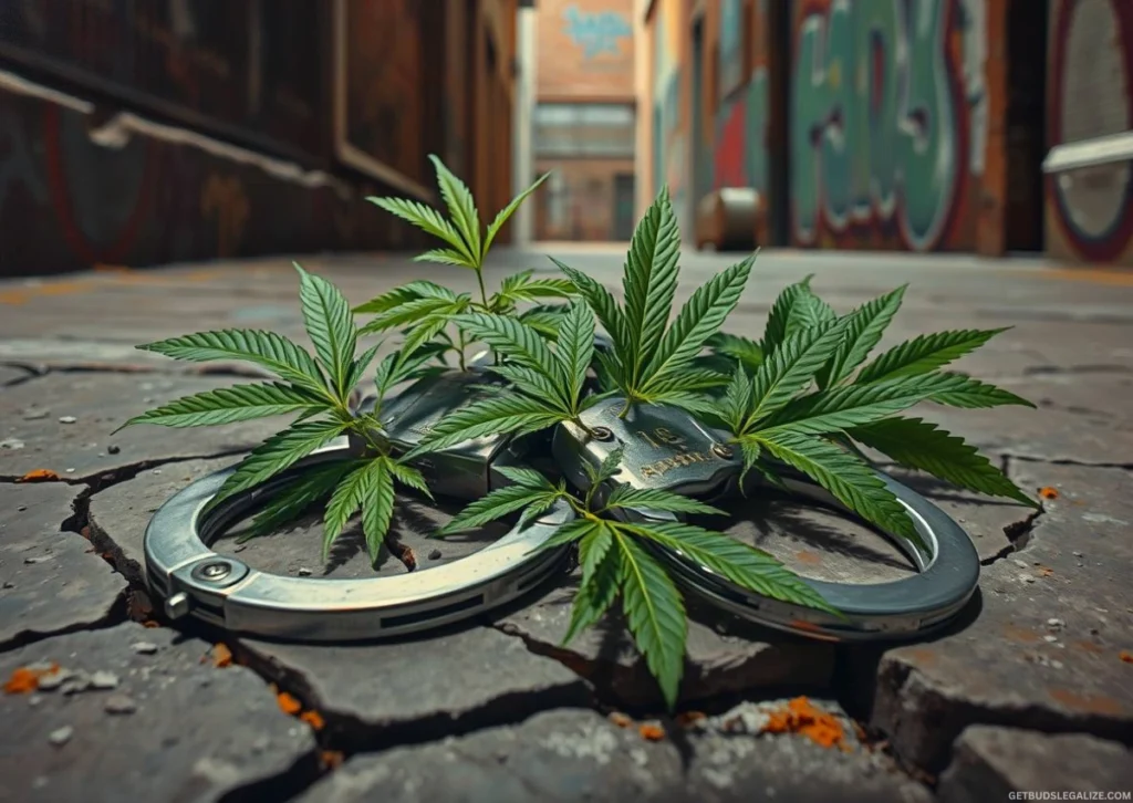 10 Powerful Reasons Why Cannabis Should Be Legal Worldwide 7 Close-up of a cracked police badge and broken silver handcuffs on cracked concrete with vibrant green cannabis leaves growing through the cracks in an urban alley with graffiti and soft natural light.