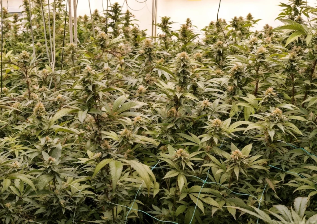 How Many Cannabis Plants Can You Grow Per Square Meter? Full Guide 14 SCROG cannabis grow room with multiple plants under LED lights.